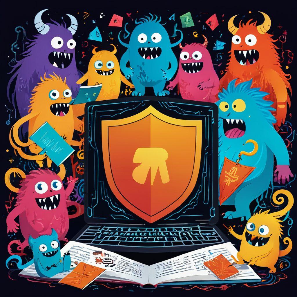An illustrated scene showing a digital journal surrounded by various cyber threats represented by colorful, whimsical monsters attempting to break in. The journal in the center should have a shield icon symbolizing protection, while bright locks and firewalls appear around it. The background should feature a blend of swirling codes and binary numbers to represent the digital world. The color palette should be vibrant to convey a sense of urgency and action. cartoon style. high contrast.