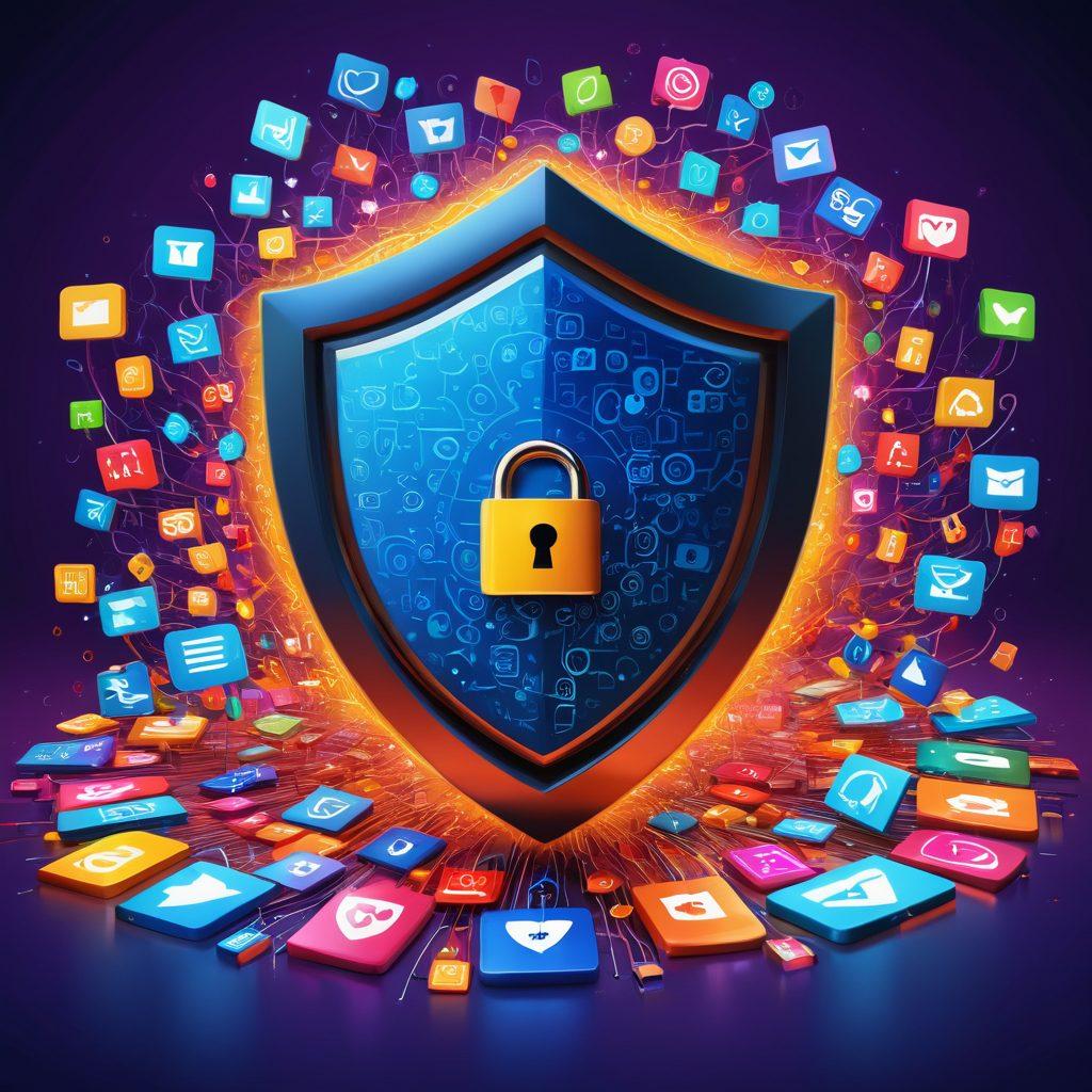 A vivid illustration of a digital landscape filled with interconnected blogs, featuring a shield to symbolize security and a large exclamation mark representing XSS awareness. Include floating icons of padlocks and warning signs among colorful, swirling text representing blog content. The overall tone should blend technology with a sense of exploration and caution. vibrant colors. 3D.