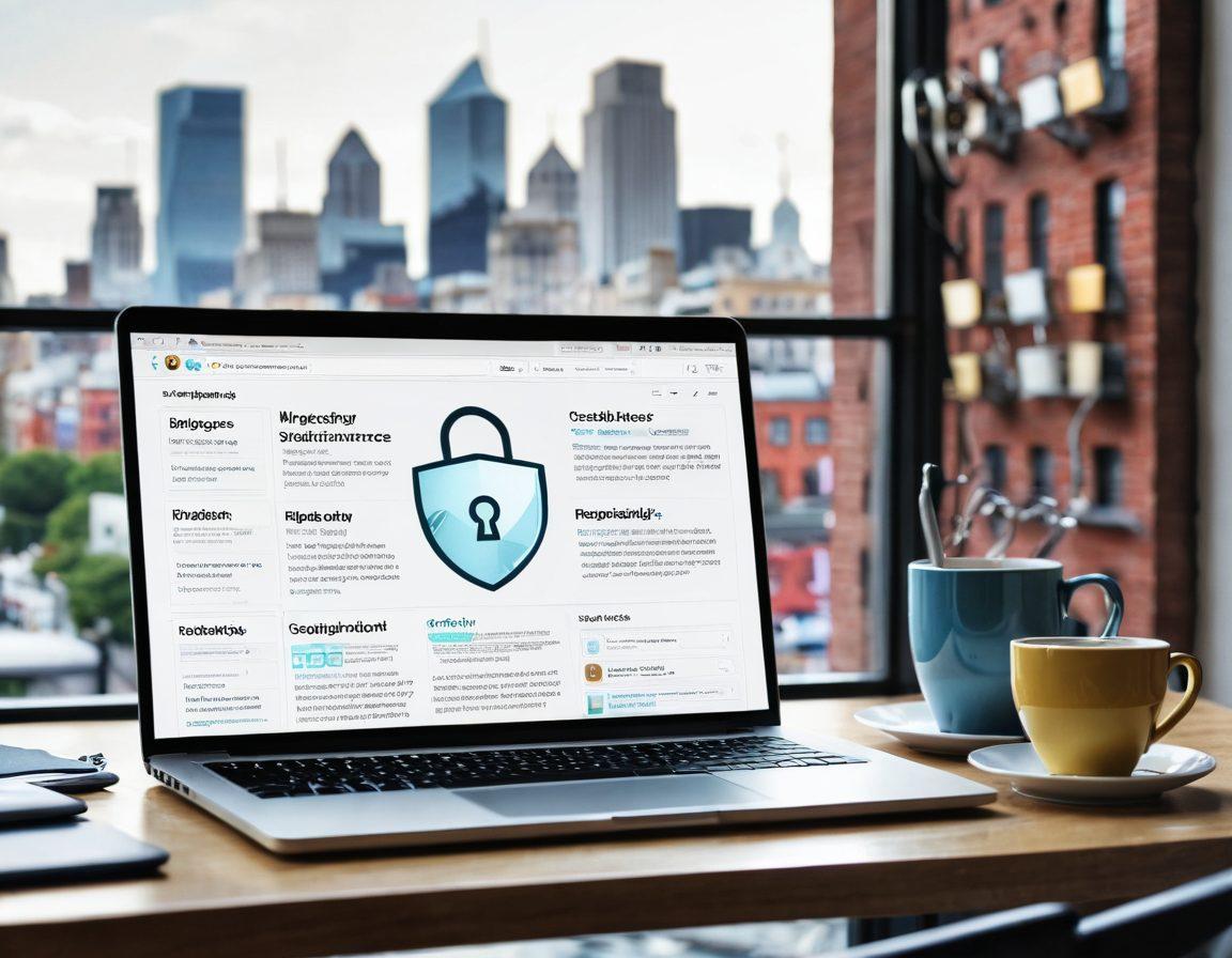 An open laptop with a vibrant blog interface on the screen, surrounded by padlocks and shields symbolizing security, while a thoughtful individual types with a coffee cup beside them. In the background, a cityscape represents the vastness of the blogosphere, highlighting awareness and responsibility. The overall atmosphere should convey a sense of safety and diligence in blogging. super-realistic. vibrant colors. white background.